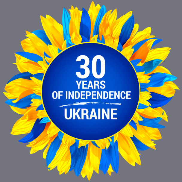 Circle frame, decorated with sunflower petals in colors of Ukraine flag. Ukraine Independence Day. Wreath made of blue and yellow sunflower petals - Photo, Image