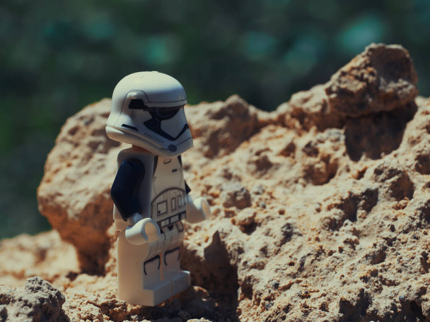 Chernihiv, Ukraine, July 13, 2021. A plastic minifigure of a Star Wars character. Imperial stormtrooper close-up. Illustrative editorial. - Foto, Imagem