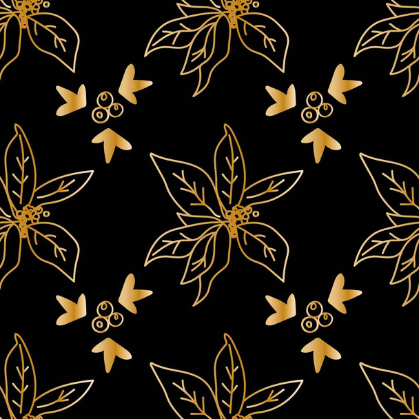 Vector seamless pattern with Christmas Floral  hand drawn golden line on black background.Flowers repeating print  in doodle style.Design for textiles,packaging,wrapping paper,scrapbook paper.  - Wektor, obraz