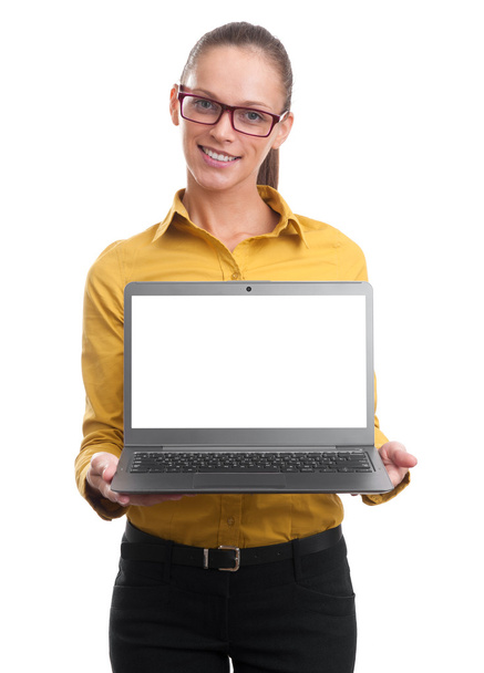 Businesswoman showing laptop screen with copy space - Zdjęcie, obraz
