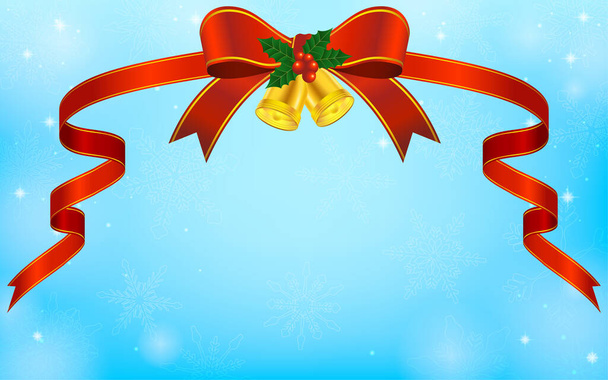 Gorgeous red ribbon (with Christmas bells) and blue sparkly snowflake background - Vetor, Imagem