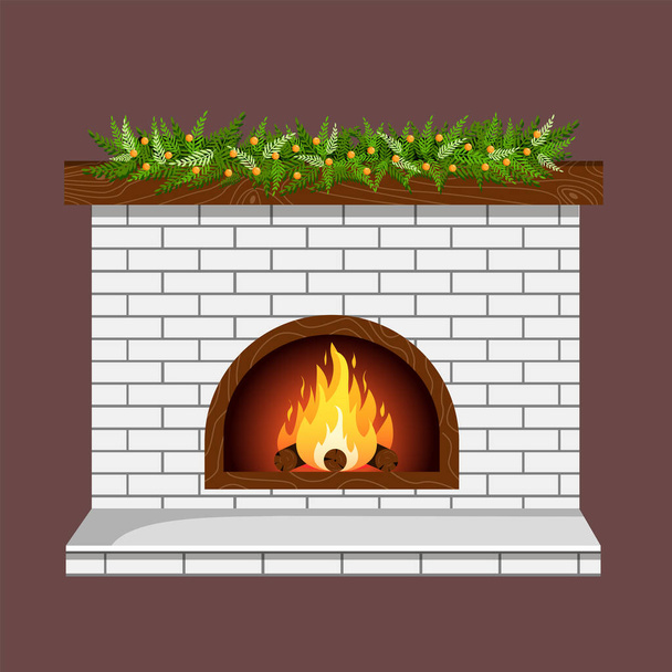Illustration de cheminée de Noël avec branches de sapin pour carte postale, bannière, affiche, site web - Vecteur, image