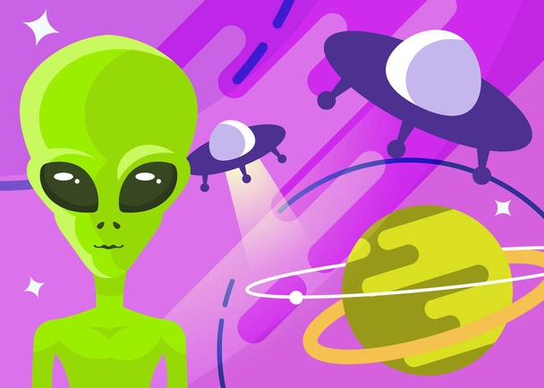 Banner with alien and flying saucers. - Vektör, Görsel
