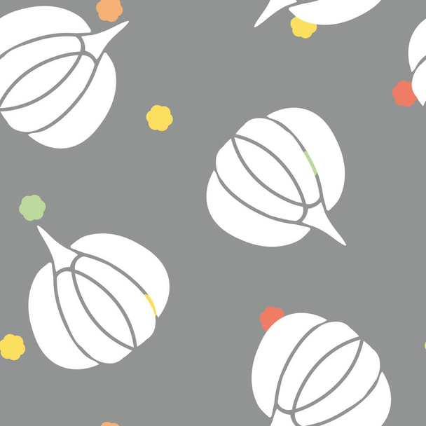 Vector White Pumpkins with Cute Confetti Daisies on Gray seamless pattern background. Perfect for fabric, wallpaper and scrapbooking projects. - Vektor, kép