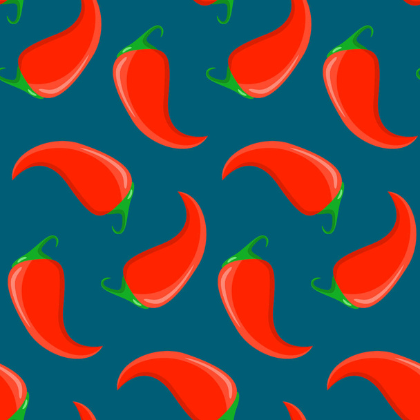 Varrat nélküli minta, piros chili paprika sötét kék alapon, vektor illusztráció textíliák, tapéta és csomagolópapír - Vektor, kép