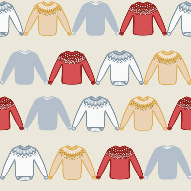 Modèle de pull représentant des vêtements de laine traditionnelle islandaise en rouge, jaune moutarde et gris clair sur fond beige. Vecteur dessin d'art dessiné à la main design.  - Vecteur, image