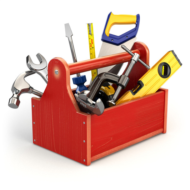 Caja de herramientas con herramientas sobre fondo blanco aislado
. - Foto, imagen