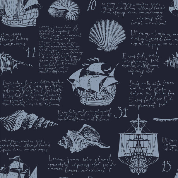 Vintage seamless pattern with hand-drawn seashells, antique ships and handwritten Lorem ipsum text. Dark monochrome vector background, wallpaper, wrapping paper or fabric on a theme of sea adventures - Vector, Imagen