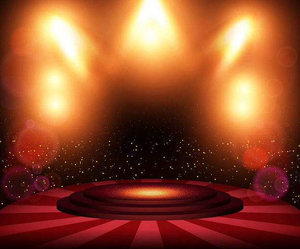 Luxus piros ragyogó vektor háttér pódiummal bemutató, koncert és show design - Vektor, kép