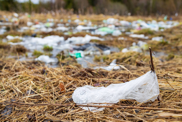 een heleboel afval en plastic zakken geblazen door de wind over het veld. op de voorgrond een plastic zak op het gras - Foto, afbeelding