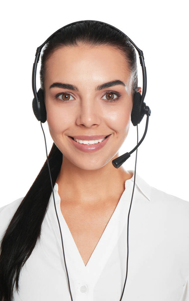Beautiful young consulting manager with headset on white background - Φωτογραφία, εικόνα