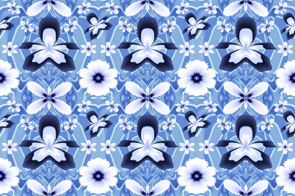 Azul orquídea floral patrón sin costura luz. Hermoso diseño azul-blanco de colores fractales sobre un fondo grunge. Se puede utilizar para hacer azulejos, cerámica, textiles, papel pintado y decoración de habitaciones - Foto, Imagen