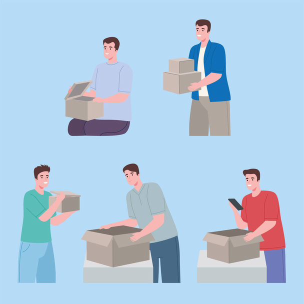 unboxing, hombres abriendo cajas - Vector, Imagen