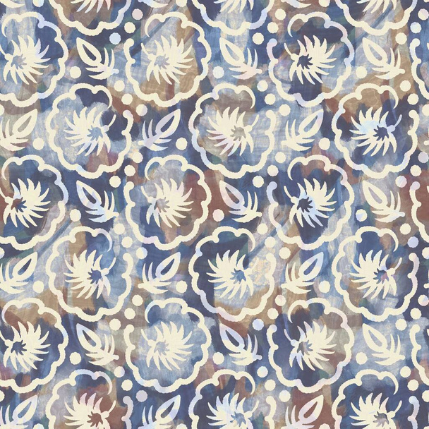 Rustic french grey flower printed fabric. Seamless european style soft furnishing textile pattern. Batik all over digital floral print effect. Variegated blue decorative cloth. High quality raster jpg - Photo, Image