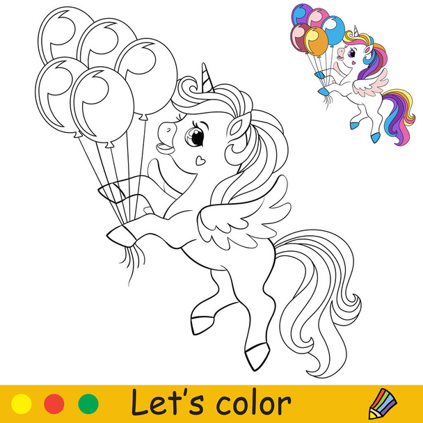 Carino divertente unicorno con una criniera lunga e ali tiene i palloncini. Libro da colorare pagina con modello colorato per bambini. Illustrazione vettoriale. Per colorare, stampare, gioco, educazione, festa, design, arredamento - Vettoriali, immagini