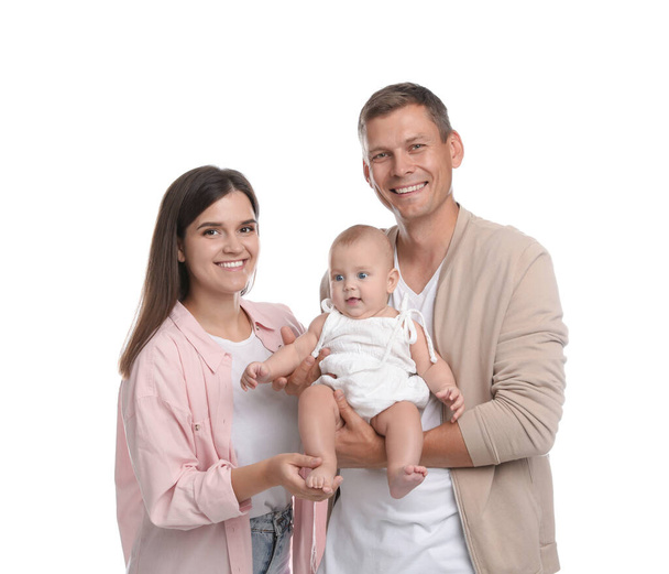 Portrait of happy family with their cute baby on white background - 写真・画像