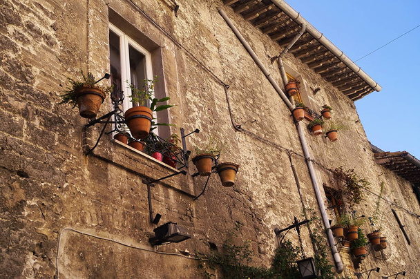 Typische ramen met bloemenvazen van een huis in het historische centrum van Assisi, Italië - Foto, afbeelding