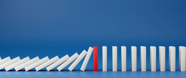 white domino effect stopped by red domino. business crisis effect or risk protection, business solution and intervention, leadership, Strategy development. 3D Render Illustration. - Foto, Bild