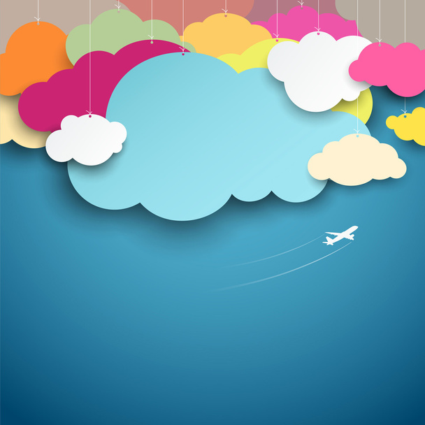 Papel colorido corte nuvens forma design no fundo azul
 - Vetor, Imagem