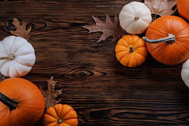 Bunch of pumpkins of different kinds, shapes and colors on wooden background as a symbol of autumnal holidays with a lot of copy space for text. - Photo, image