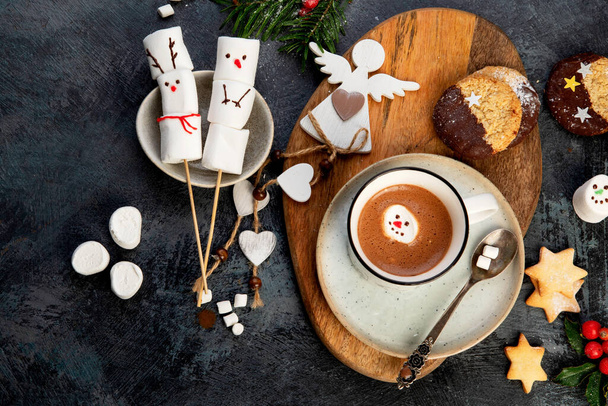 Christmas composition with hot chocolate and cookies. Holiday season concept. Top view, flat lay, copy space - Foto, imagen
