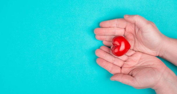 Woman is holding a red heart in her hand, blue colored background, copy space - Fotó, kép