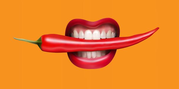 Pimienta chilena picante roja en dientes humanos. Gráficos vectoriales - Vector, Imagen