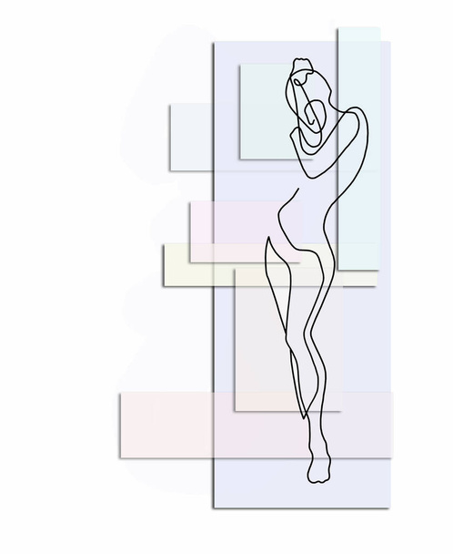 Figure astratte in bianco e nero di una donna su uno sfondo di rettangoli in colori pastello di diverse dimensioni.Disegno minimalista. - Foto, immagini