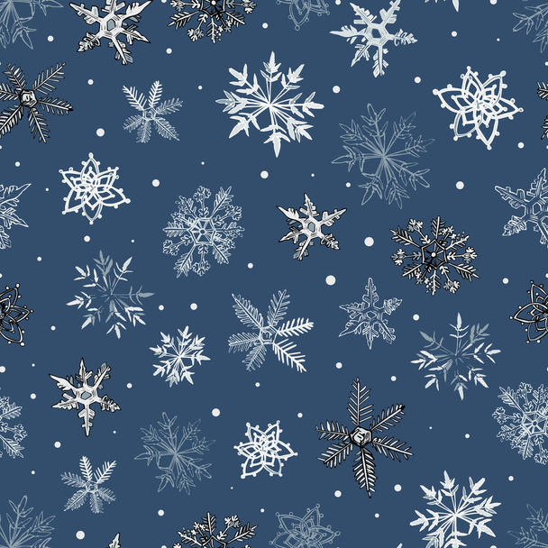 Vector copos de nieve azules en el patrón de fondo del cielo de la noche. Diseño del patrón de superficie - Vector, Imagen