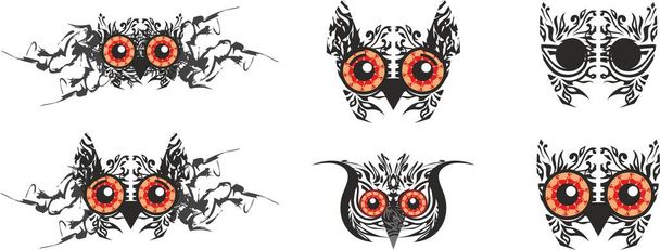 Scary owl head set for holidays and events. Unusual owl head symbol with huge orange eyes for Halloween, carnival masks, tattoos, prints, posters, emblems, textiles, embroidery, cards, wallpaper, etc. - Vector, Image