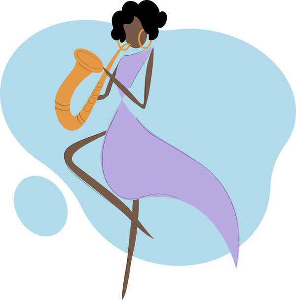 Uma menina afro-americana em um vestido lilás toca o saxofone em um fundo azul - Vetor, Imagem