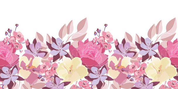 Floral vector seamless pattern, border. Pink peony, yellow viola, purple columbine. - Vettoriali, immagini