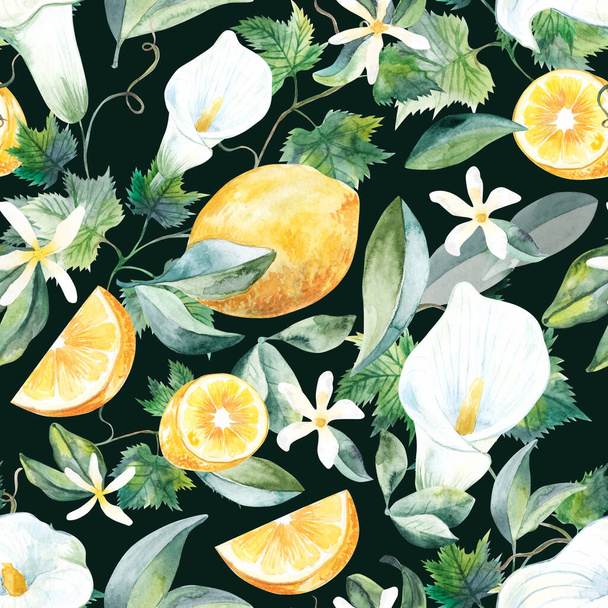 Lemon calae lillies grapevine watercolor seamless pattern on beige background - Foto, afbeelding