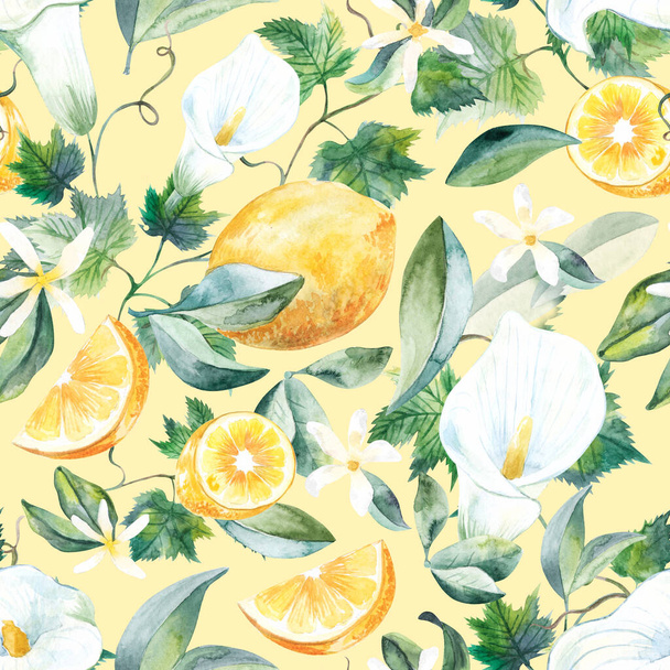 Lemon calae lillies grapevine watercolor seamless pattern on beige background - Photo, image