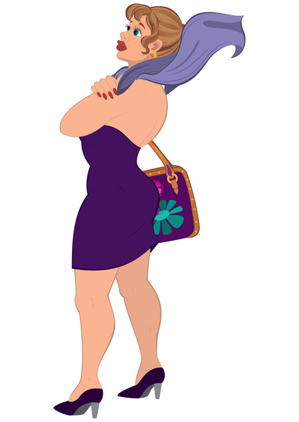 Cartoon sexy woman in purple dress and purple scarf - Vector, Image