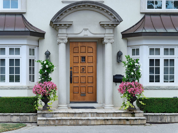 elegant wooden front door of stucco house with portico entrance - Fotoğraf, Görsel