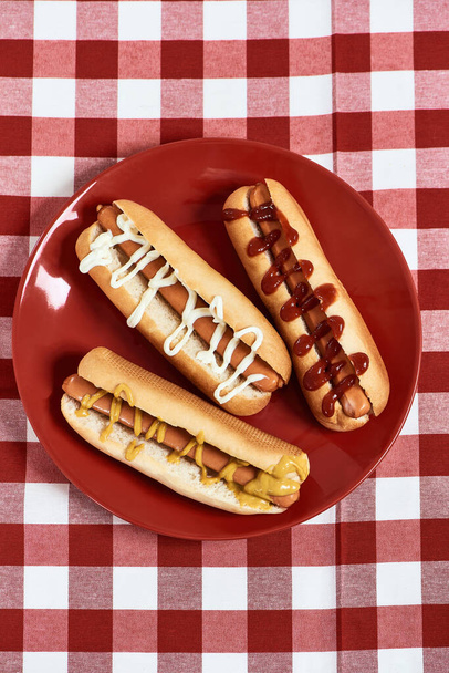 Vista superior de cachorros-quentes recém-feitos com mostarda e ketchup em um prato sobre toalha de mesa de gingham vermelho - Foto, Imagem