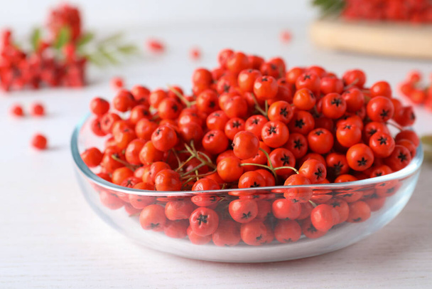 Fresh ripe rowan berries in glass bowl on white wooden table, closeup - Fotoğraf, Görsel