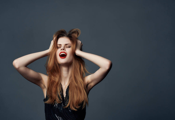 beautiful woman Red lips emotion luxury studio model isolated background - Photo, Image