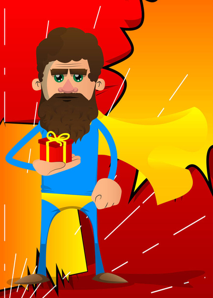 Funny cartoon man dressed as a superhero holding small gift box. Vector illustration. - Vector, Imagen