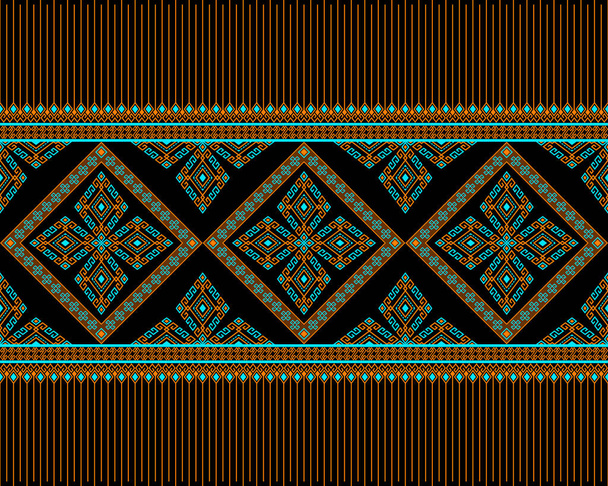 Оранжевый бирюзовый натив или племенной бесшовный платок на черном фоне в сине-ромбовом геометрическом стиле для одежды или обуви, вышивки и т.д., дизайна упаковки - Вектор,изображение