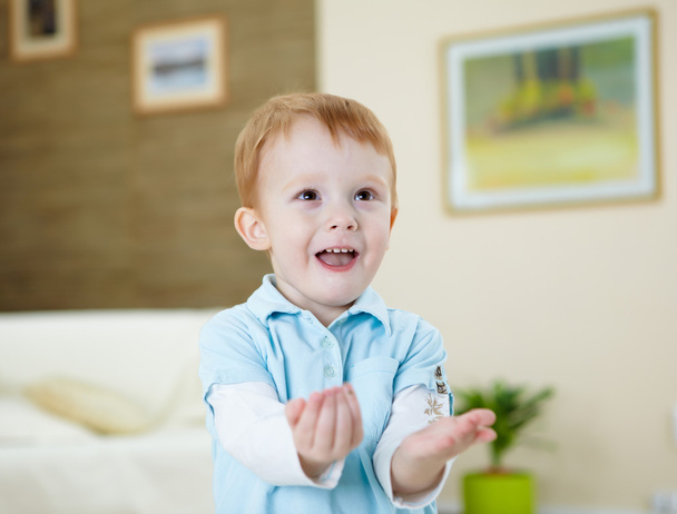 Happy smiling and laughing boy at home - Fotoğraf, Görsel