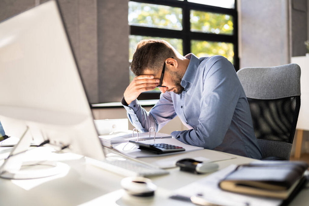 Stressed Tired Business Accountant Man. Lazy Sad Worker - Zdjęcie, obraz