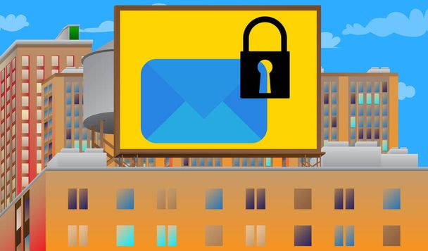 Şifreli e-posta koruması mavi güvenli internet posta sembolünü bir tuğla binanın tepesindeki tabela üzerinde göndermek. Şehirdeki açık hava reklamı. Tuğla mimarinin çatısında büyük bir pankart.. - Vektör, Görsel