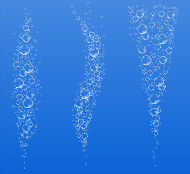 Unterwasserblasen aus sprudelndem Natron. Luftströme. Auflösende Tabletten. Realistischer Sauerstoffpop in sprudelnden Getränken. Vektor funkelt auf blauem Hintergrund. - Vektor, Bild