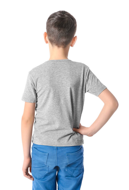 Little boy in stylish t-shirt on white background, back view - Photo, image