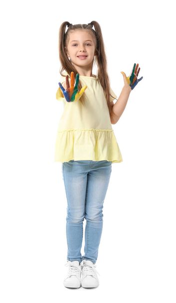 Маленька дівчинка з руками в фарбі на білому тлі
 - Фото, зображення