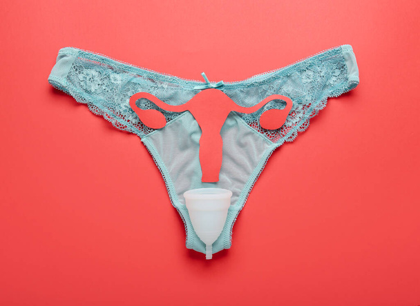 Menstruációs csésze és női bugyi színes háttér - Fotó, kép