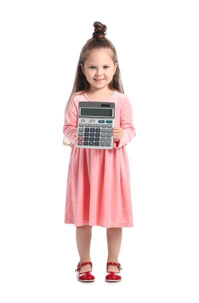 Adorable little girl with calculator on white background - Fotoğraf, Görsel