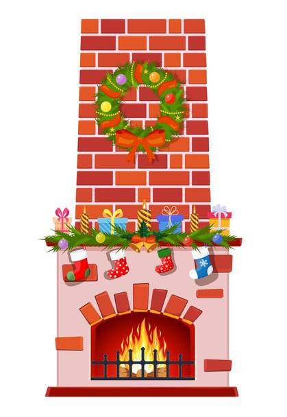 白い背景に隔離されたクリスマス暖炉 - ベクター画像